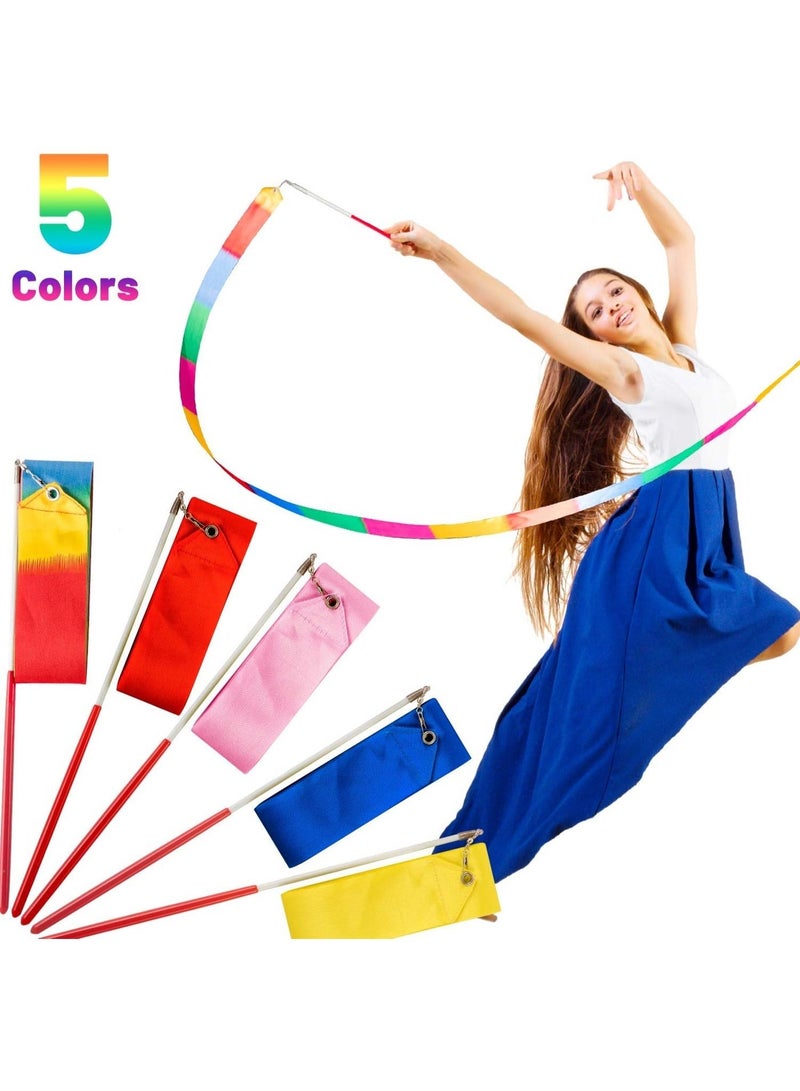 ChicAbode 5 Pack Dance Ribbons, Multicolor Artistic Streamer, Rhythmic Gymnastics Ribbon Wands, Baton Twirling on Stick for Gym, Training, Circus, 2M (Rainbow, Red, Yellow, Blue, Pink) - Image 4